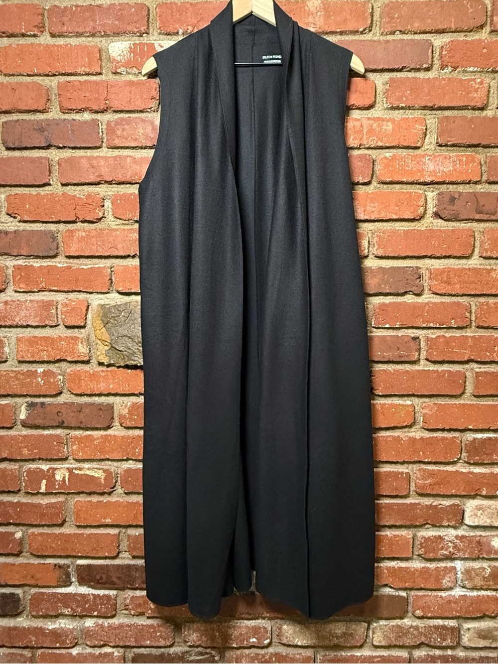 Eileen Fisher women's Size L 100% Wool Long Vest Black Open Front Minimalist